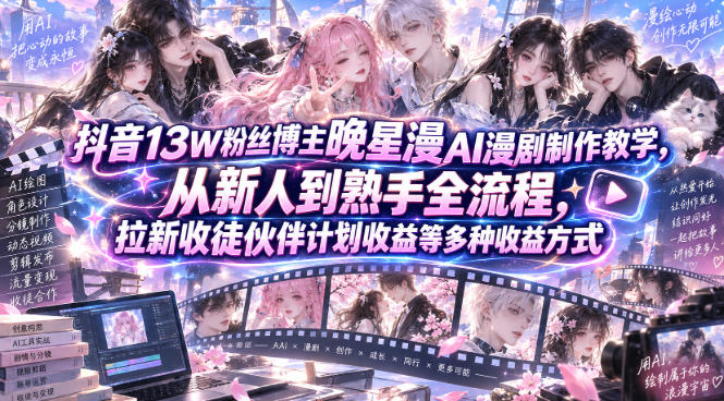 抖音13W粉丝博主晚星漫AI漫剧制作教学，从新人到熟手全流程，拉新收徒伙伴计划收益等多种收益方式，单日1K+-小艾项目网
