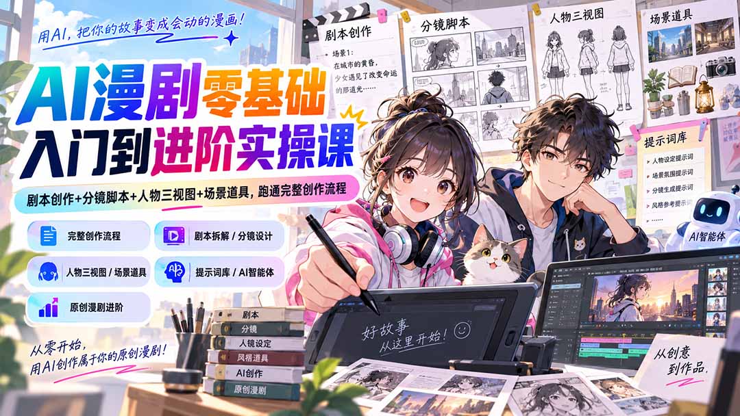 AI漫剧零基础入门到进阶实操课：剧本创作+分镜脚本+人物三视图+场景道具，跑通完整创作流程-小艾项目网