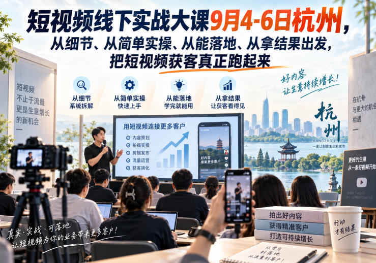短视频线下实战大课9月4-6日杭州，从细节、从简单实操、从能落地、从拿结果出发，把短视频获客真正跑起来-小艾项目网