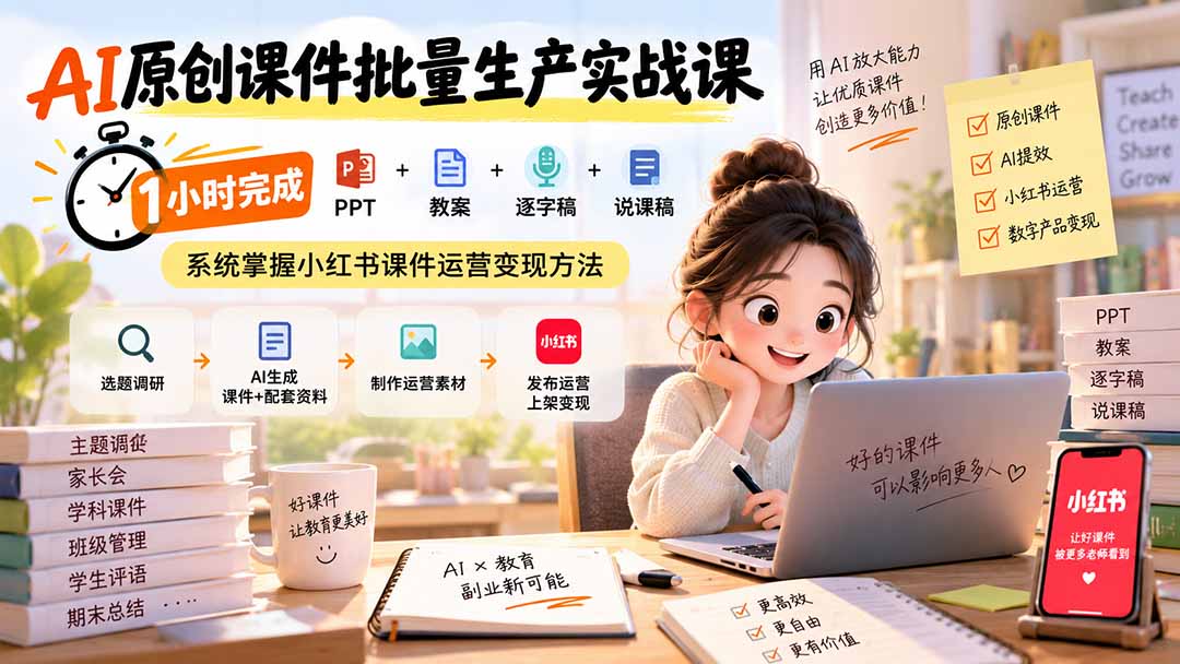 AI原创课件批量生产实战课：1小时完成PPT+教案+逐字稿+说课稿，系统掌握小红书课件运营变现方法-小艾项目网