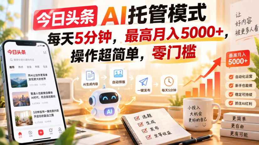 今日头条AI托管模式，每天5分钟，最高月入5000+，操作超简单，零门槛【揭秘】-小艾项目网