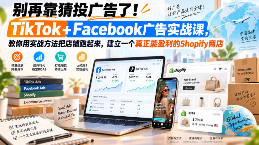别再靠猜投广告了！TikTok+Facebook广告实战课，教你用实战方法把店铺跑起来，建立一个真正能盈利的Shopify商店【原创双语字幕】-小艾项目网