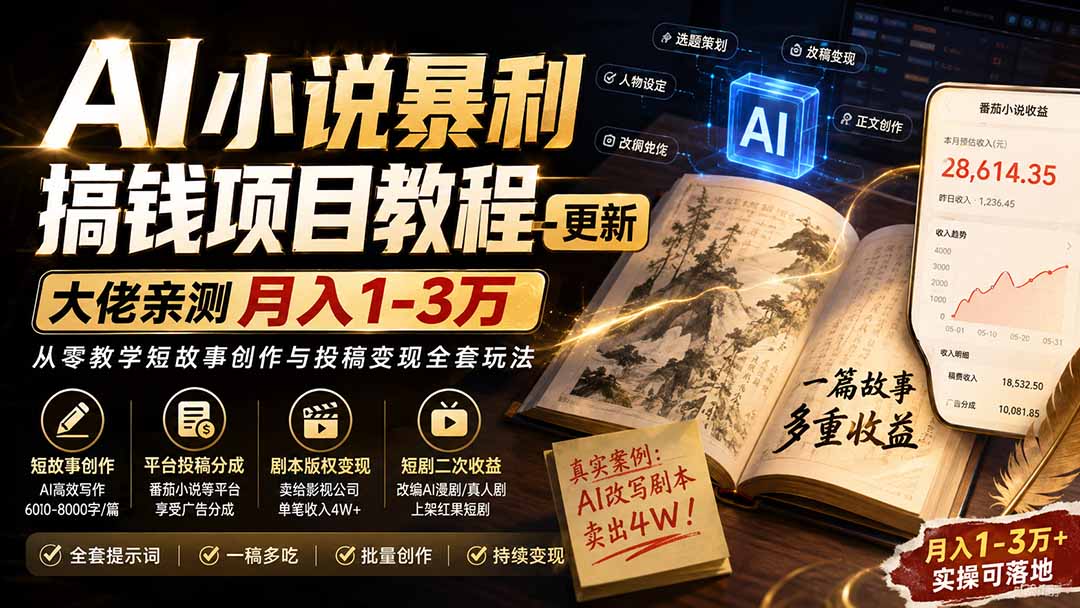 AI小说短故事暴利搞钱项目教程-更新，大佬亲测月入1-3万，从零教学短故事创作与投稿变现全套玩法-小艾项目网