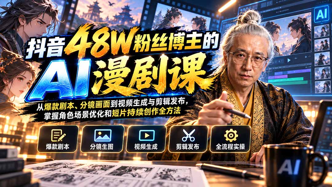 抖音48W粉丝博主的AI漫剧课：从爆款剧本、分镜画面到视频生成与剪辑发布，掌握角色场景优化和短片持续创作全方法-小艾项目网