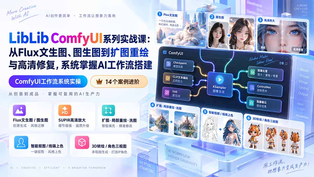 LibLib ComfyUI系列实战课:从Flux文生图、图生图到扩图重绘与高清修复,系统掌握AI工作流搭建-小艾项目网