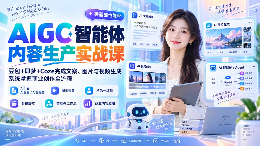 AIGC智能体内容生产实战课:豆包+即梦+Coze完成文案、图片与视频生成,系统掌握商业创作全流程-小艾项目网