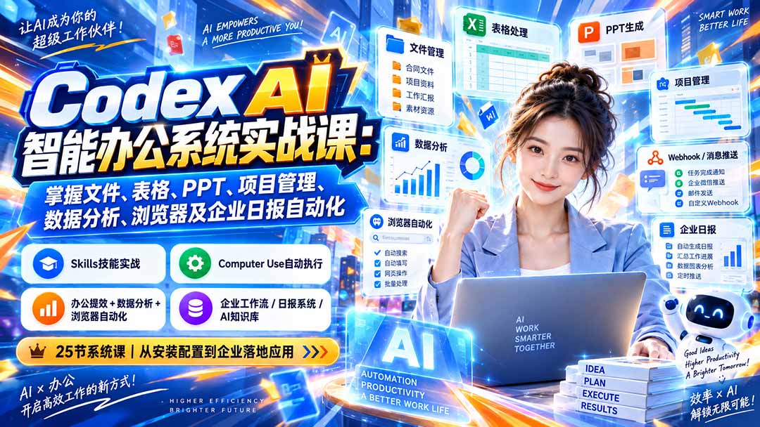 Codex AI智能办公系统实战课：掌握文件、表格、PPT、项目管理、数据分析、浏览器及企业日报自动化-小艾项目网