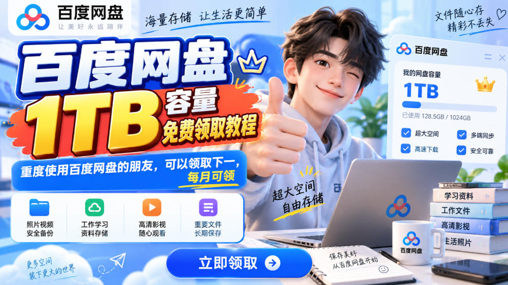 百度网盘1TB容量免费领取教程，重度使用百度网盘的朋友，可以领取下一，每月可领-小艾项目网