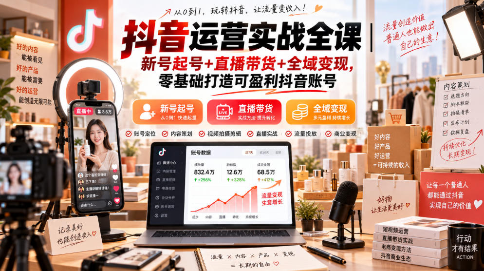抖音运营实战全课｜新号起号+直播带货+全域变现，零基础打造可盈利抖音账号-小艾项目网