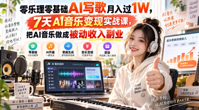 零乐理零基础AI写歌月入过1W，7天AI音乐变现实战课，把AI音乐做成被动收入副业-小艾项目网