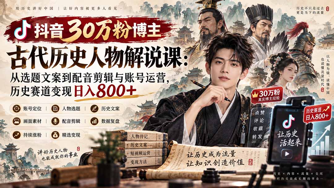 抖音30万粉博主古代历史人物解说课：从选题文案到配音剪辑与账号运营，历史赛道变现日入800+-小艾项目网