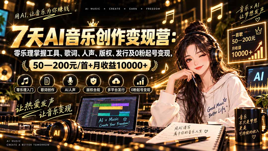 AI音乐创作变现营：零乐理掌握工具、歌词、人声、版权、发行及0粉起号变现，50—200元/首+月收益10000+-小艾项目网