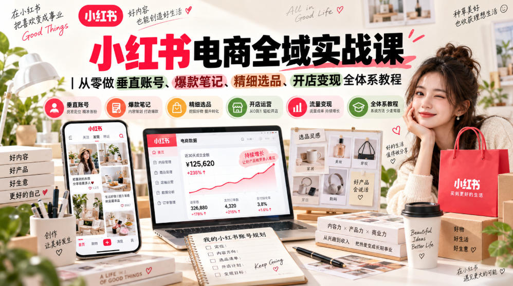 小红书电商全域实战课｜从零做垂直账号、爆款笔记、精细选品、开店变现全体系教程-小艾项目网