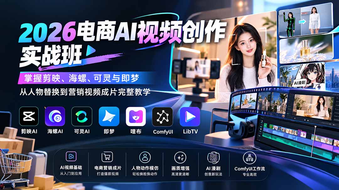 2026电商AI视频创作实战班:掌握剪映、海螺、可灵与即梦,从人物替换到营销视频成片完整教学-小艾项目网