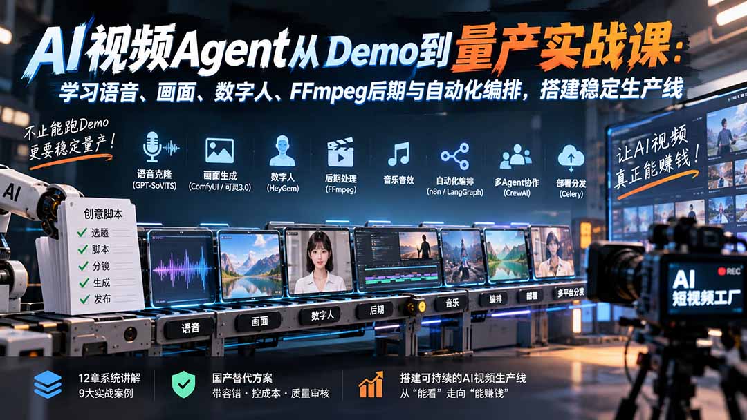 AI视频Agent从Demo到量产实战课：学习语音、画面、数字人、FFmpeg后期与自动化编排，搭建稳定生产线-小艾项目网