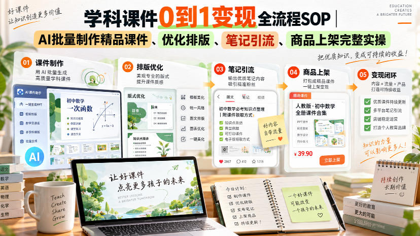 学科课件0到1变现全流程SOP｜AI批量制作精品课件、优化排版、笔记引流、商品上架完整实操​-小艾项目网
