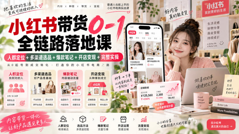 小红书带货0-1全链路落地课｜人群定位+多渠道选品+爆款笔记+开店变现完整实操-小艾项目网