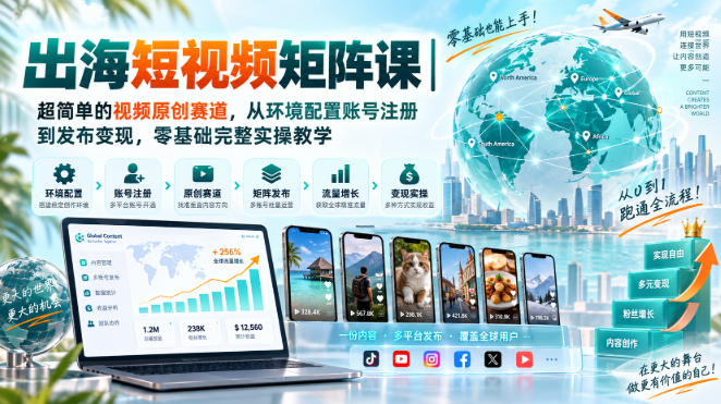 出海短视频矩阵课｜超简单的视频原创赛道，从环境配置账号注册到发布变现，零基础完整实操教学-小艾项目网
