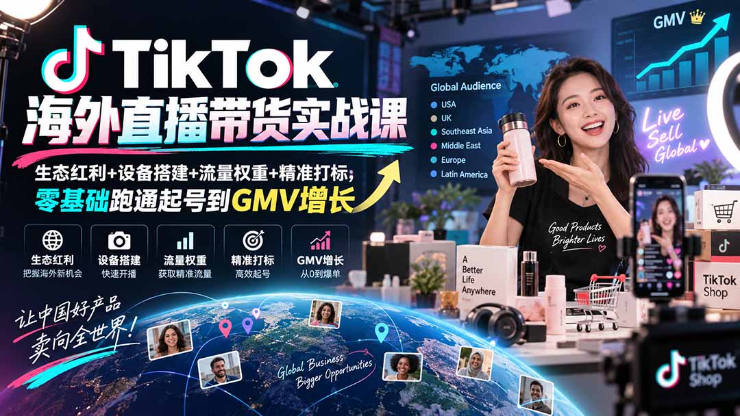 TikTok海外直播带货实战课|生态红利+设备搭建+流量权重+精准打标,零基础跑通起号到GMV增长-小艾项目网