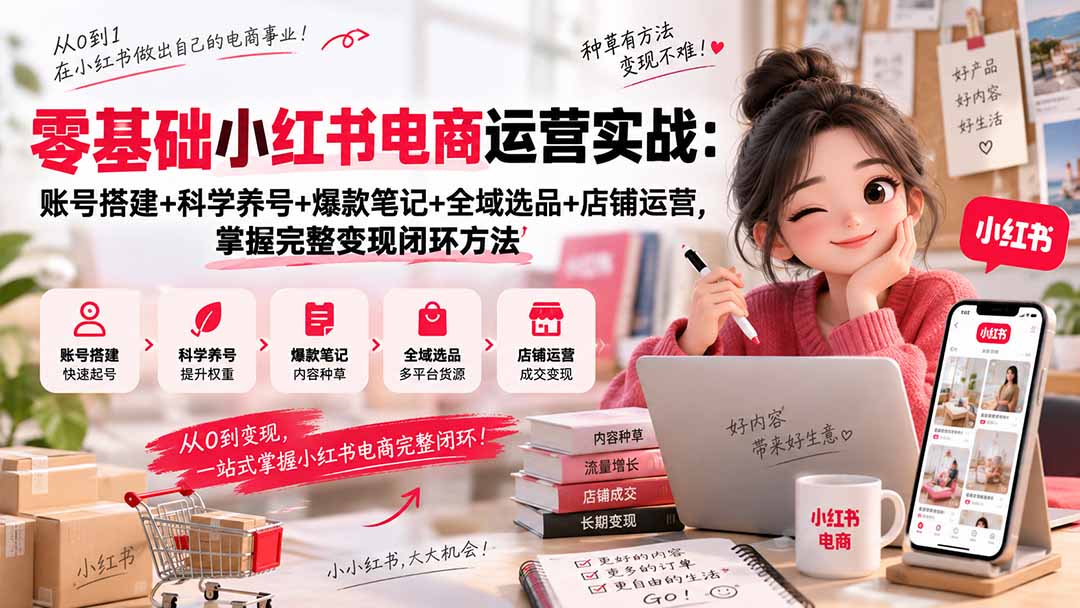 零基础小红书电商运营实战：账号搭建+科学养号+爆款笔记+全域选品+店铺运营，掌握完整变现闭环方法-小艾项目网