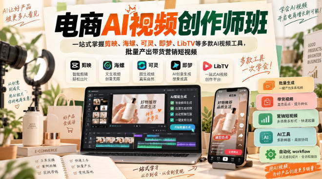 电商AI视频创作师班，一站式掌握剪映、海螺、可灵、即梦、LibTV等多款AI视频工具，批量产出带货营销短视频-小艾项目网