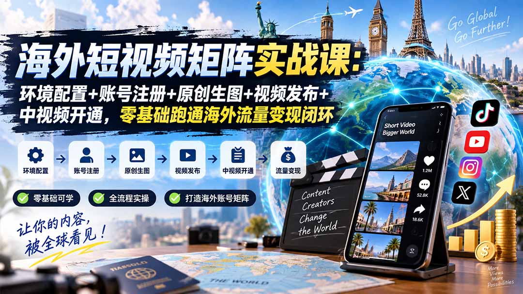 海外短视频矩阵实战课：环境配置+账号注册+原创生图+视频发布+中视频开通，零基础跑通海外流量变现闭环-小艾项目网
