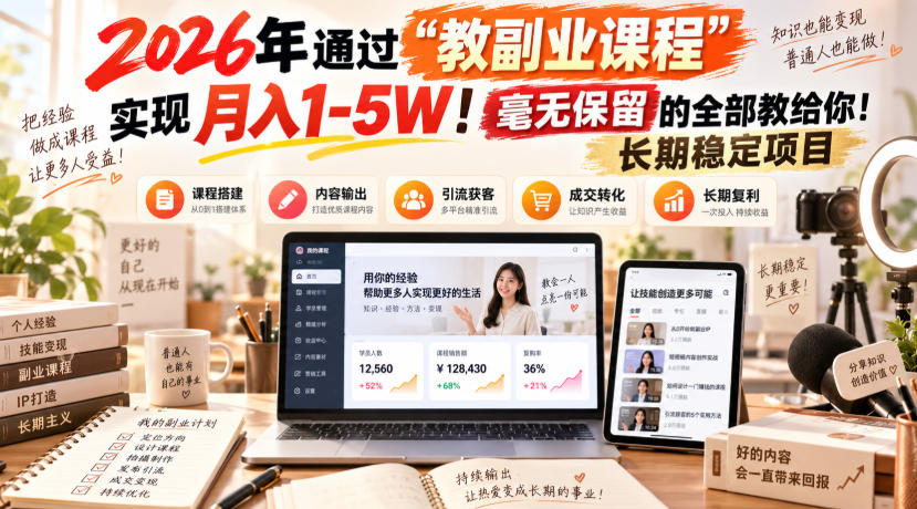 2026年通过“教副业课程”实现月入1-5W！毫无保留的全部教给你！长期稳定项目-小艾项目网