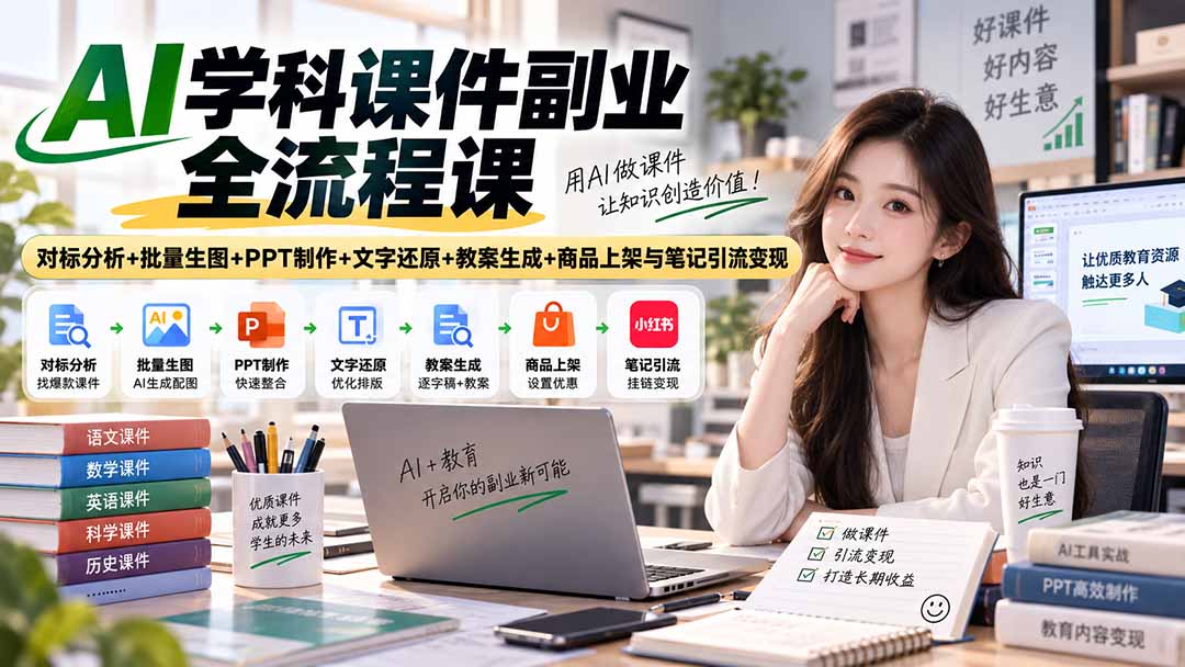 AI学科课件副业全流程课｜对标分析+批量生图+PPT制作+文字还原+教案生成+商品上架与笔记引流变现-小艾项目网