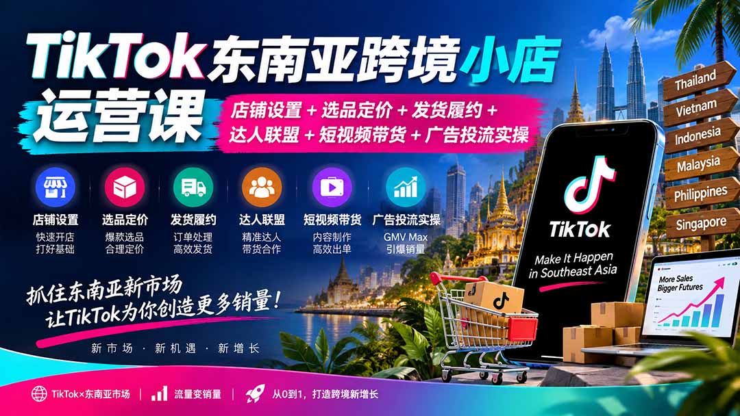 TikTok东南亚跨境小店运营课：店铺设置+选品定价+发货履约+达人联盟+短视频带货+广告投流实操-小艾项目网