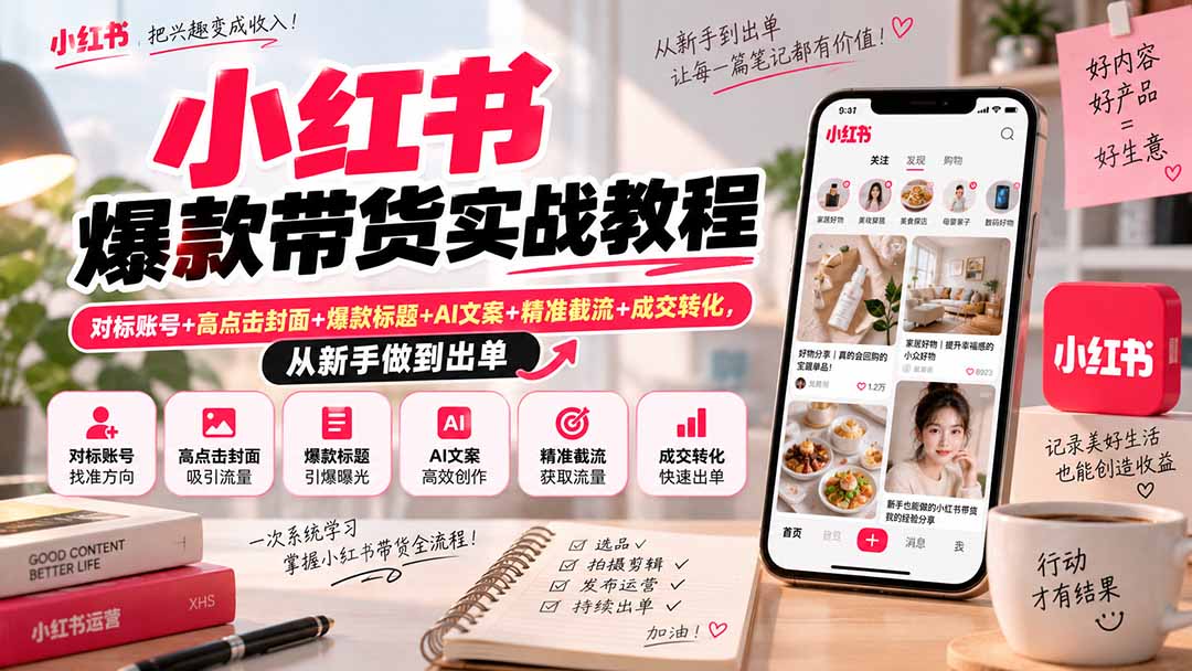 小红书爆款带货实战教程|对标账号+高点击封面+爆款标题+AI文案+精准截流+成交转化,从新手做到出单-小艾项目网