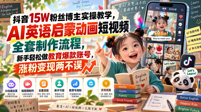 抖音15W粉丝博主实操教学,AI英语启蒙动画短视频全套制作流程,新手轻松做教育爆款账号,涨粉变现两不误-小艾项目网