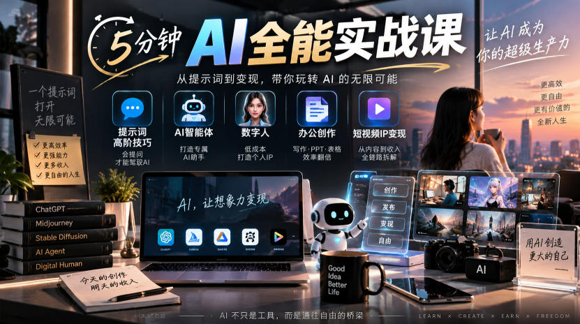 5分钟AI全能实战课｜提示词高阶技巧+AI智能体+数字人+办公创作+短视频IP变现全教程-小艾项目网