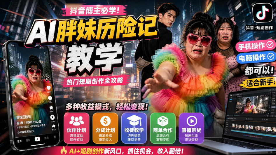 抖音博主的AI胖妹历险记教学，伙伴计划+分成计划+收徒+商单等多种收益，适合新手，手机电脑都可以操作-小艾项目网