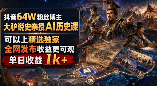抖音64W粉丝博主大驴说史亲授AI历史课,可以上精选独家,全网发布收益更可观,单日收益1k+(更新)-小艾项目网