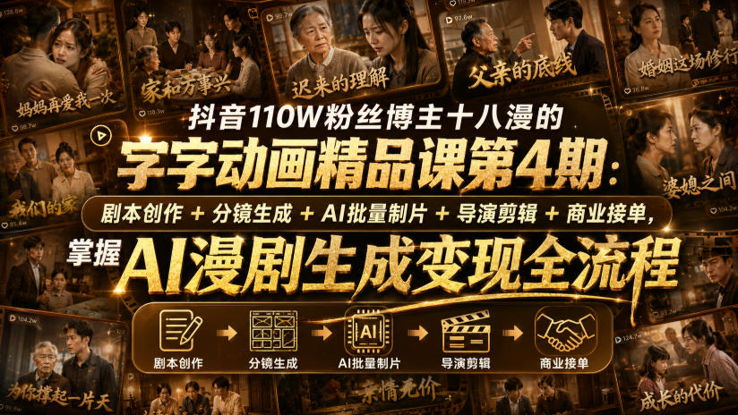 抖音110W粉丝博主十八漫的字字动画精品课第4期：剧本创作+分镜生成+剪辑+商业接单，掌握AI漫剧生成变现全流程（更新0916）