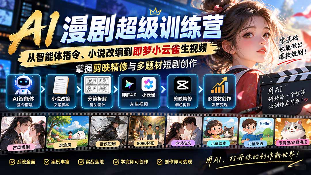 AI漫剧超级特训营：从智能体指令、小说改编到即梦小云雀生视频，掌握剪映精修与多题材短剧创作-小艾项目网