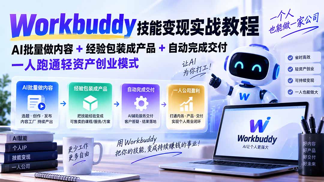 Workbuddy技能变现实战教程:AI批量做内容+经验包装成产品+自动完成交付,一人跑通轻资产创业模式-小艾项目网