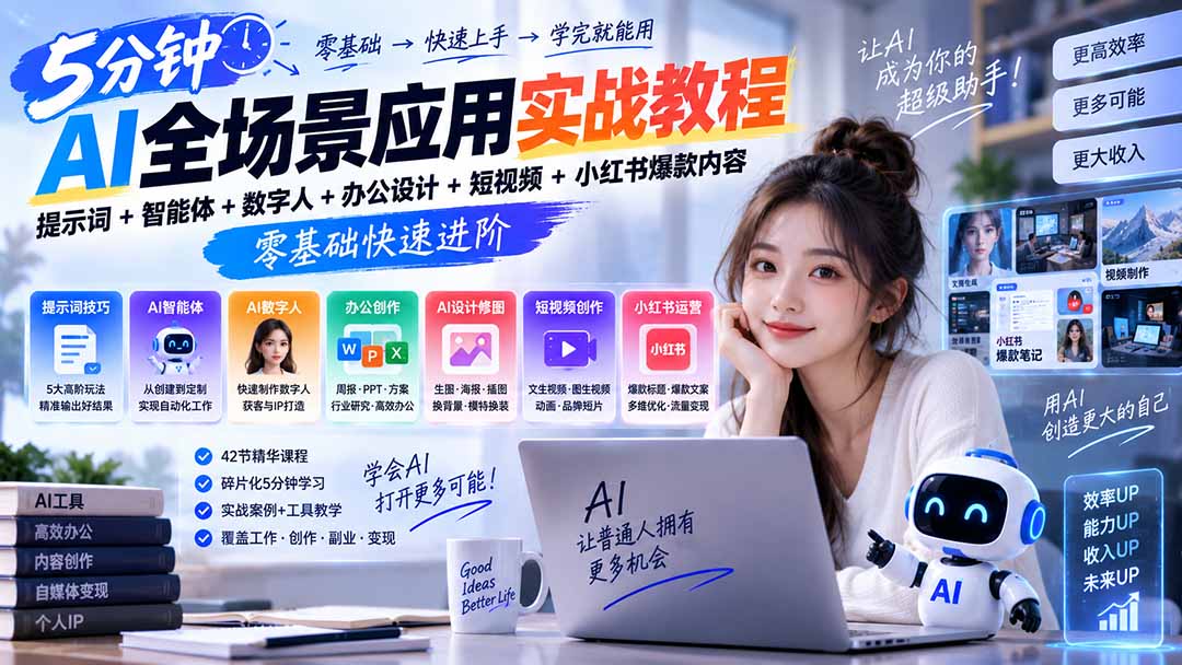 AI全场景应用实战教程|提示词+智能体+数字人+办公设计+短视频+小红书爆款内容,零基础快速进阶-小艾项目网