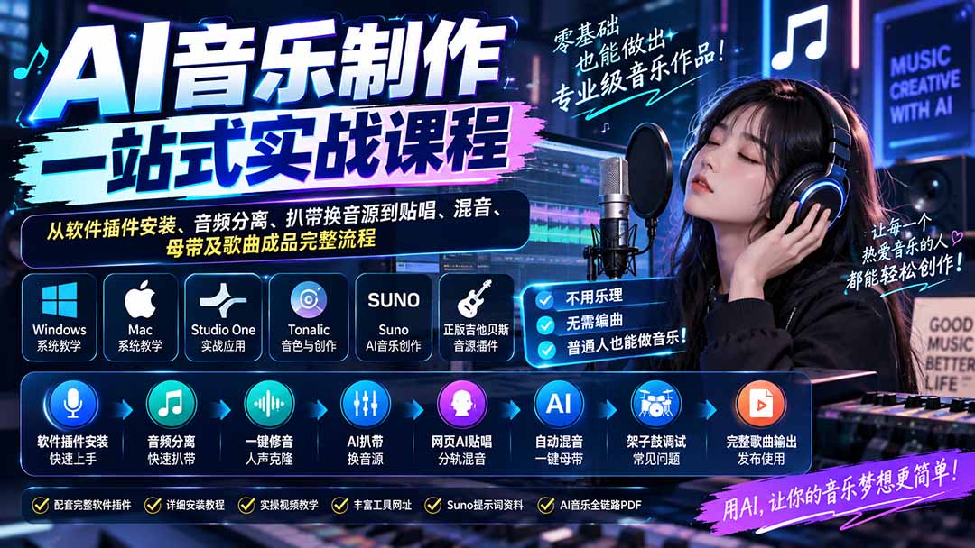 AI音乐制作一站式实战课程：从软件插件安装、音频分离、扒带换音源到贴唱、混音、母带及歌曲成品完整流程-小艾项目网