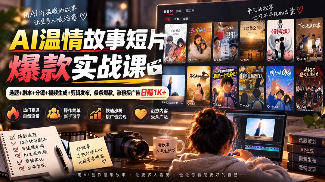 AI温情故事短片爆款实战课-更新｜选题+剧本+分镜+视频生成+剪辑发布，条条爆款，涨粉接广告日赚1K+-小艾项目网