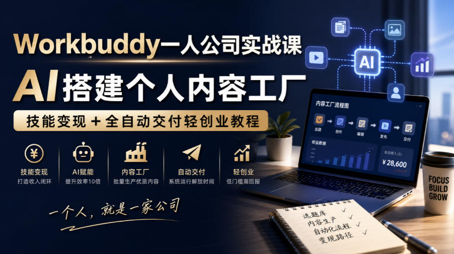 Workbuddy一人公司实战课，AI搭建个人内容工厂，技能变现+全自动交付轻创业教程​-小艾项目网
