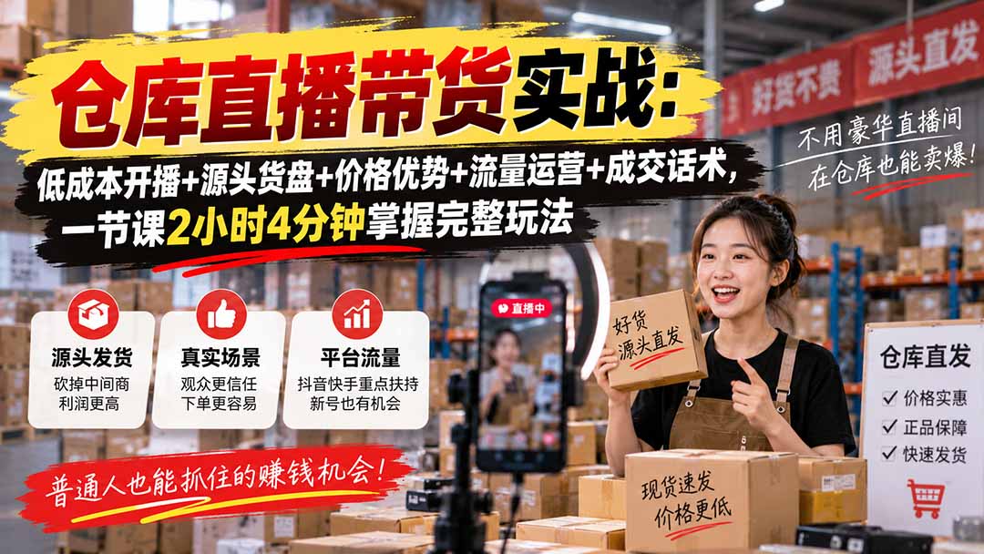 仓库直播带货实战:低成本开播+源头货盘+价格优势+流量运营+成交话术,一节课2小时4分钟掌握完整玩法-小艾项目网