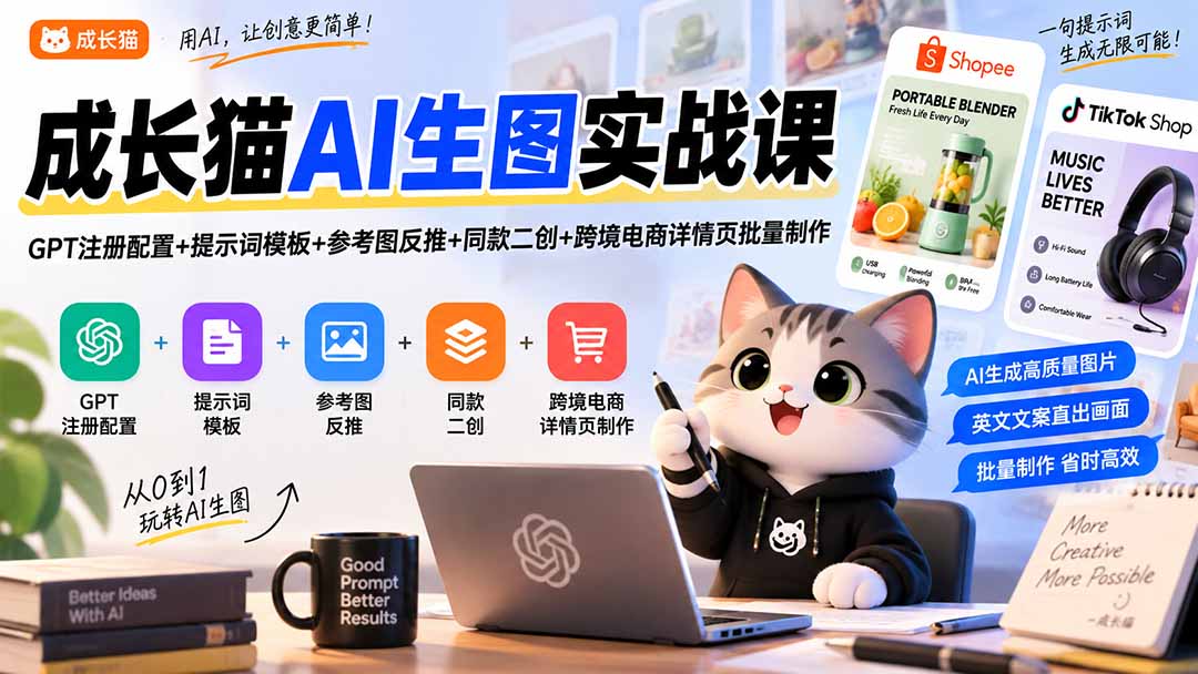 成长猫AI生图实战课｜GPT注册配置+提示词模板+参考图反推+同款二创+跨境电商详情页批量制作-小艾项目网