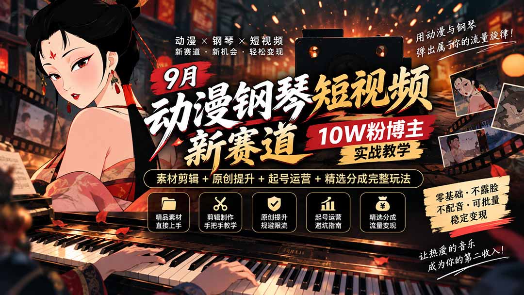 9月动漫钢琴短视频新赛道｜10W粉博主实战教学，素材剪辑+原创提升+起号运营+精选分成完整玩法-小艾项目网