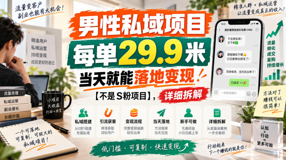男性私域项目，每单29.9米，当天就能落地变现【不是S粉项目】，详细拆解-小艾项目网