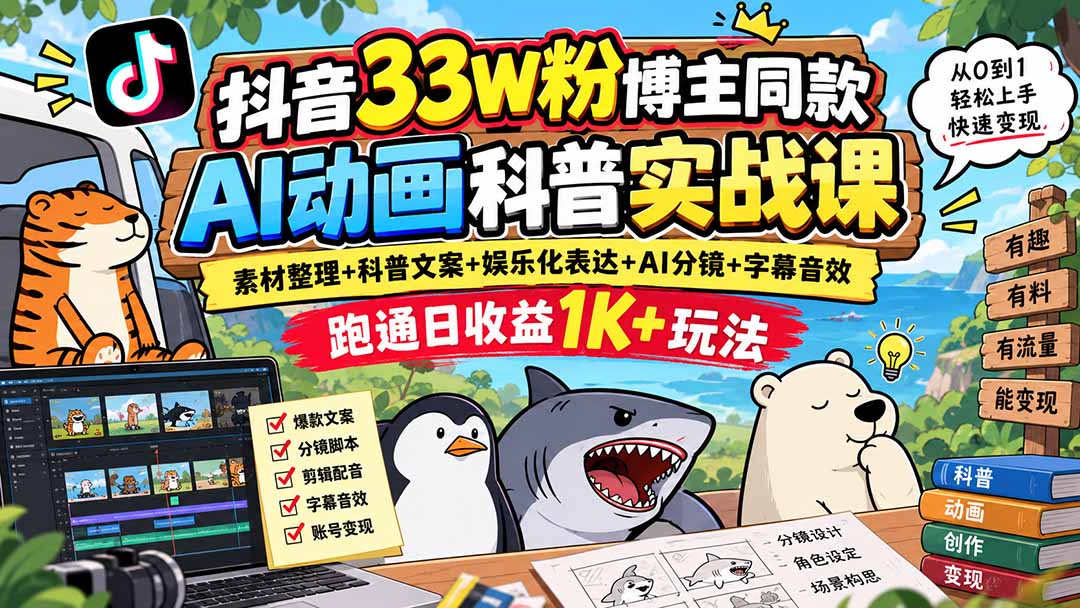 抖音33W粉博主同款AI动画科普实战课｜素材整理+科普文案+娱乐化表达+AI分镜+字幕音效，跑通日收益1K+玩法-小艾项目网