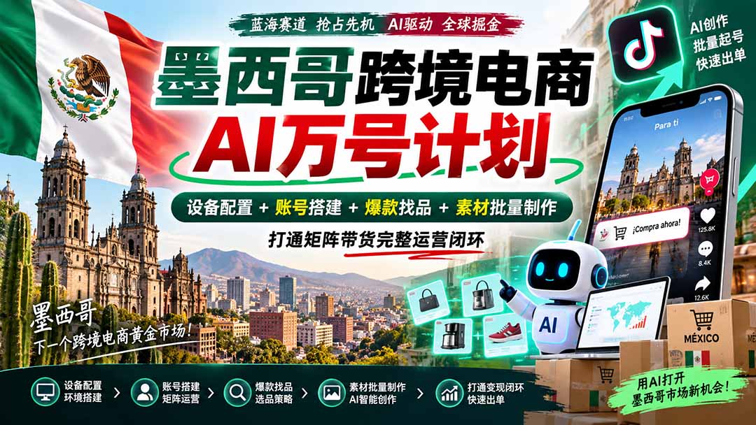 墨西哥AI跨境电商万号计划｜设备配置+账号搭建+爆款找品+素材批量制作，打通矩阵带货完整运营闭环-小艾项目网