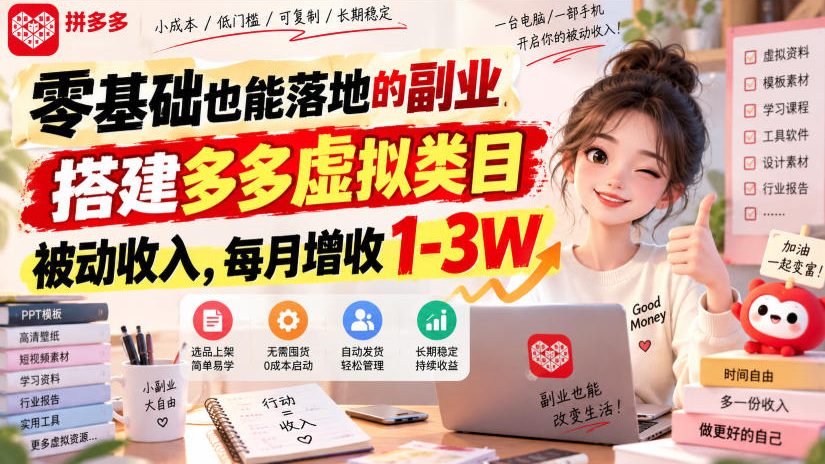 零基础也能落地的副业，搭建多多虚拟类目被动收入，每月增收1-3W【揭秘】-小艾项目网