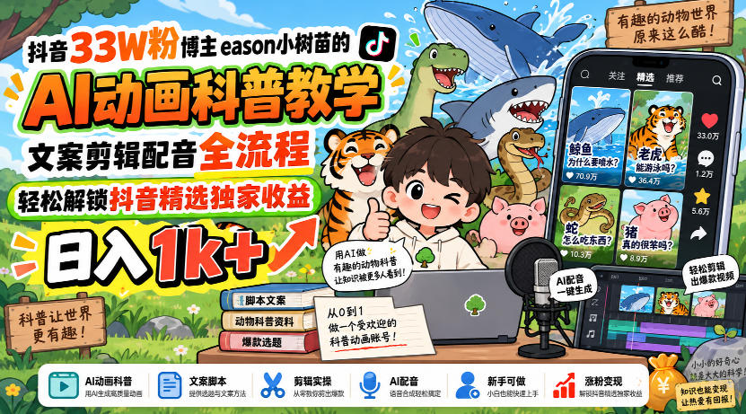 抖音33W粉博主eason小树苗的AI动画科普教学,文案剪辑配音全流程,轻松解锁抖音精选独家收益,日入1k+-小艾项目网