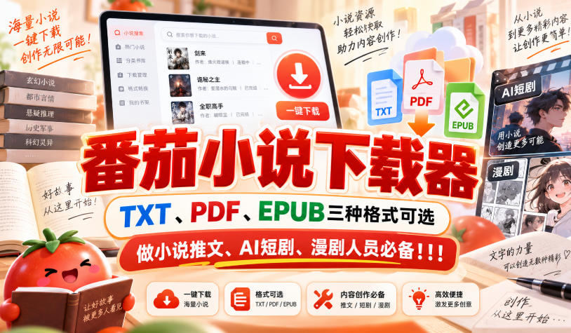 番茄小说下载器，TXT、PDF、EPUB三种格式可选，做小说推文、AI短剧、漫剧人员必备！！！-小艾项目网